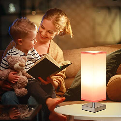 Small Table Lamp for Bedroom - Bedside Lamps for Nightstand, Minimalist Solid Wood Night Stand Light Lamp with Square Fabric Shade, Desk Reading Lamp for Kids Room Living Room Office Dorm