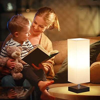 Small Table Lamp for Bedroom - Bedside Lamps for Nightstand, Minimalist Solid Wood Night Stand Light Lamp with Square Fabric Shade, Desk Reading Lamp for Kids Room Living Room Office Dorm