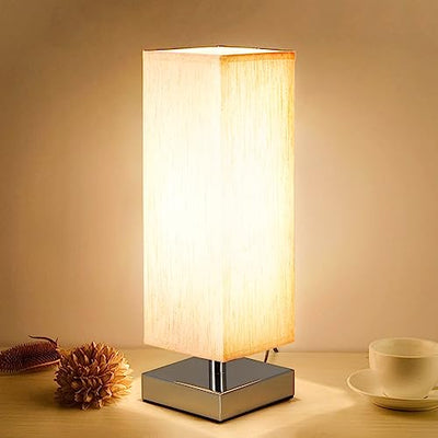 Small Table Lamp for Bedroom - Bedside Lamps for Nightstand, Minimalist Solid Wood Night Stand Light Lamp with Square Fabric Shade, Desk Reading Lamp for Kids Room Living Room Office Dorm