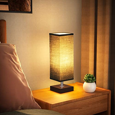 Small Table Lamp for Bedroom - Bedside Lamps for Nightstand, Minimalist Solid Wood Night Stand Light Lamp with Square Fabric Shade, Desk Reading Lamp for Kids Room Living Room Office Dorm