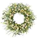 24 Inches Artificial Daisy Flower Wreath with Eucalyptus Leave Silk Flower White Berries Spring Summer Wreath for Front Door Wall Decor