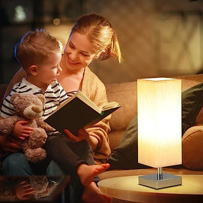 Small Table Lamp for Bedroom - Bedside Lamps for Nightstand, Minimalist Solid Wood Night Stand Light Lamp with Square Fabric Shade, Desk Reading Lamp for Kids Room Living Room Office Dorm