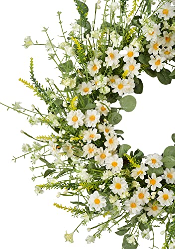 24 Inches Artificial Daisy Flower Wreath with Eucalyptus Leave Silk Flower White Berries Spring Summer Wreath for Front Door Wall Decor