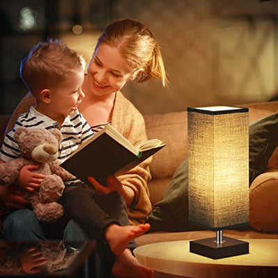 Small Table Lamp for Bedroom - Bedside Lamps for Nightstand, Minimalist Solid Wood Night Stand Light Lamp with Square Fabric Shade, Desk Reading Lamp for Kids Room Living Room Office Dorm