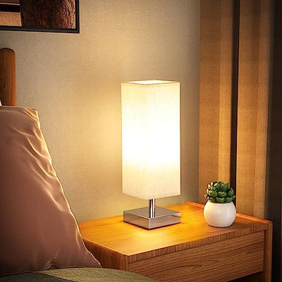 Small Table Lamp for Bedroom - Bedside Lamps for Nightstand, Minimalist Solid Wood Night Stand Light Lamp with Square Fabric Shade, Desk Reading Lamp for Kids Room Living Room Office Dorm