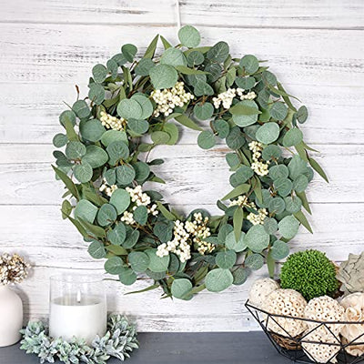 Artificial Green Leaf Eucalyptus Wreath,Berry Wreath for Spring ,Summer, Front Door Window Hanging Wall Party Decorations (20Inch)