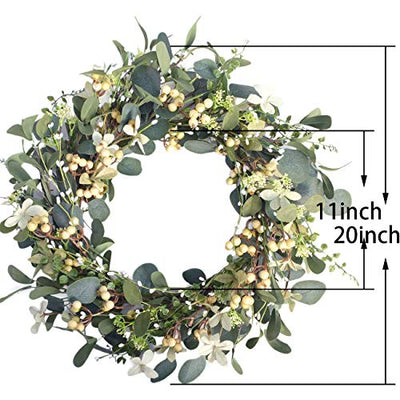 Artificial Green Leaf Eucalyptus Wreath,Berry Wreath for Spring ,Summer, Front Door Window Hanging Wall Party Decorations (20Inch)