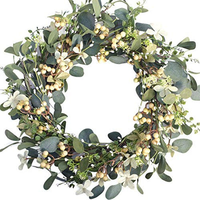 Artificial Green Leaf Eucalyptus Wreath,Berry Wreath for Spring ,Summer, Front Door Window Hanging Wall Party Decorations (20Inch)