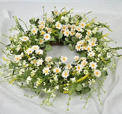 24 Inches Artificial Daisy Flower Wreath with Eucalyptus Leave Silk Flower White Berries Spring Summer Wreath for Front Door Wall Decor