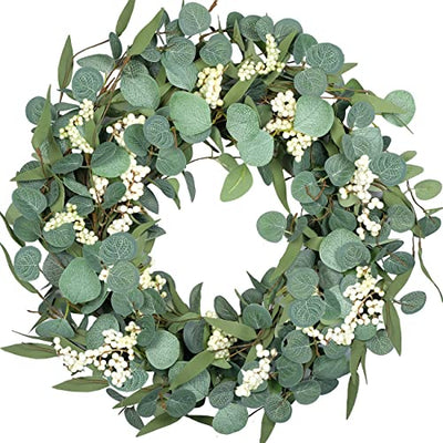 Artificial Green Leaf Eucalyptus Wreath,Berry Wreath for Spring ,Summer, Front Door Window Hanging Wall Party Decorations (20Inch)