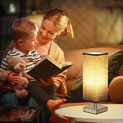 Small Table Lamp for Bedroom - Bedside Lamps for Nightstand, Minimalist Solid Wood Night Stand Light Lamp with Square Fabric Shade, Desk Reading Lamp for Kids Room Living Room Office Dorm