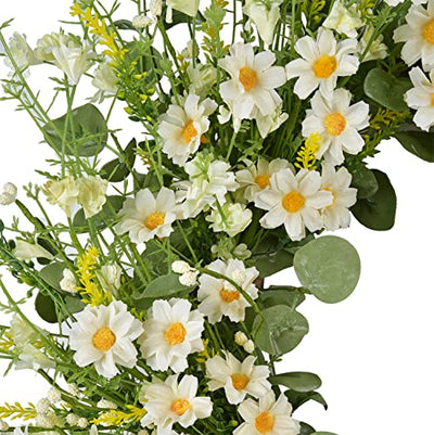 24 Inches Artificial Daisy Flower Wreath with Eucalyptus Leave Silk Flower White Berries Spring Summer Wreath for Front Door Wall Decor