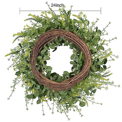 24 Inches Artificial Daisy Flower Wreath with Eucalyptus Leave Silk Flower White Berries Spring Summer Wreath for Front Door Wall Decor