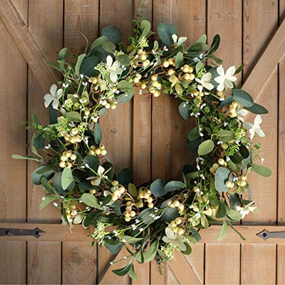 Artificial Green Leaf Eucalyptus Wreath,Berry Wreath for Spring ,Summer, Front Door Window Hanging Wall Party Decorations (20Inch)